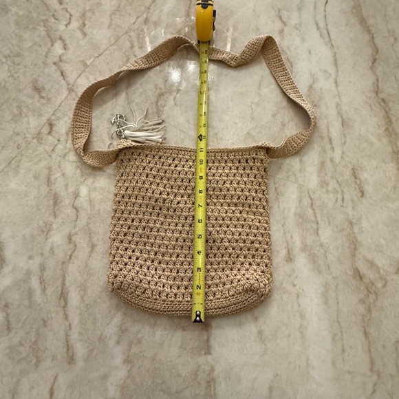 The Sak Tan Crochet Shoulder Bag With Leather Tassel Accent Boho Chic Style - Picture 7 of 7